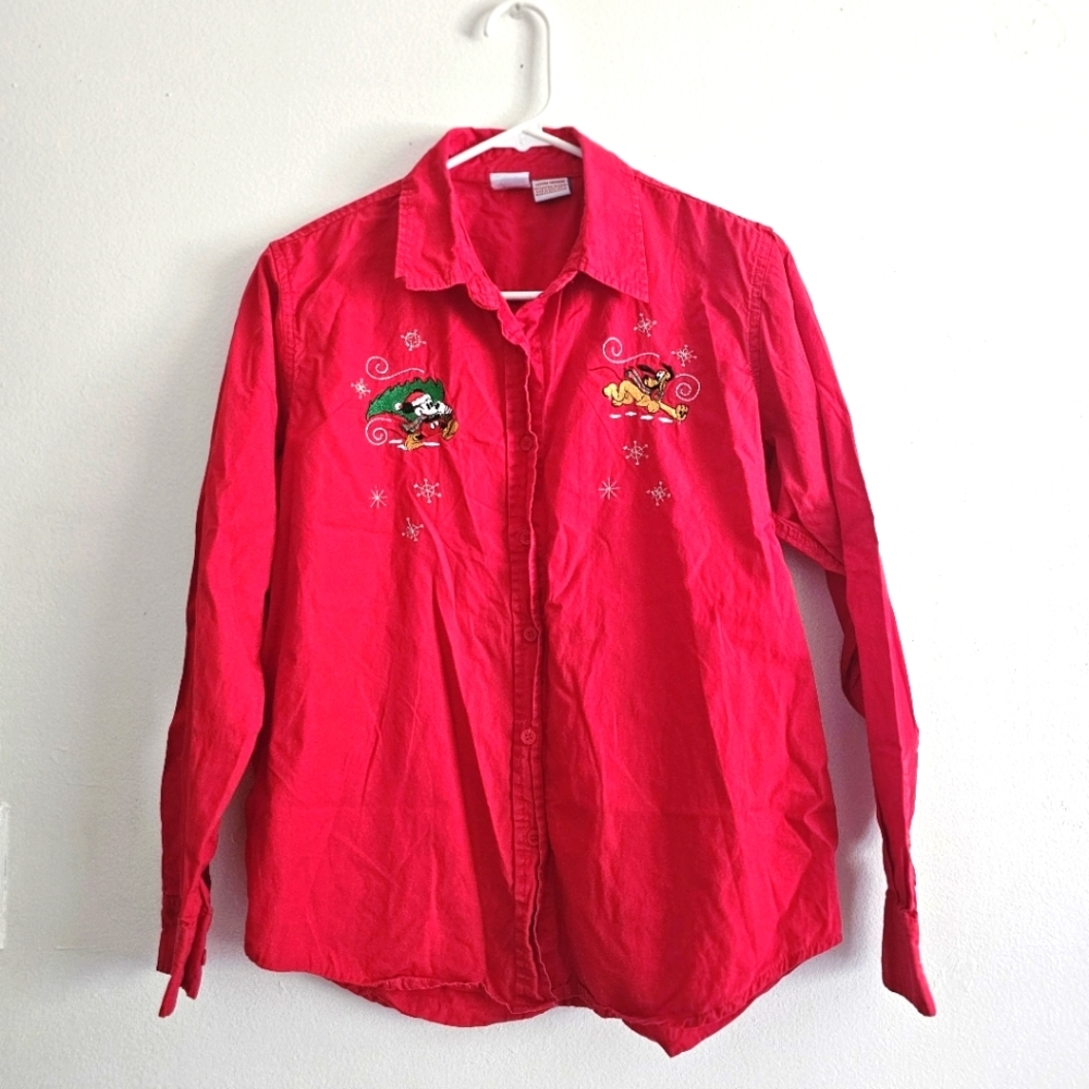 Vintage Disney Mickey & Pluto Christmas Red Long Sleeve Button Up Blouse Medium - Picture 2 of 6